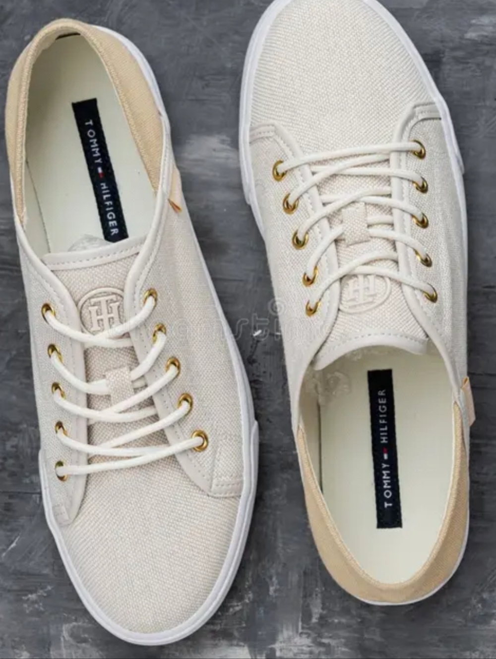 Beige and white Tommy Hilfiger canvas lace-up sneakers, Size 6.5